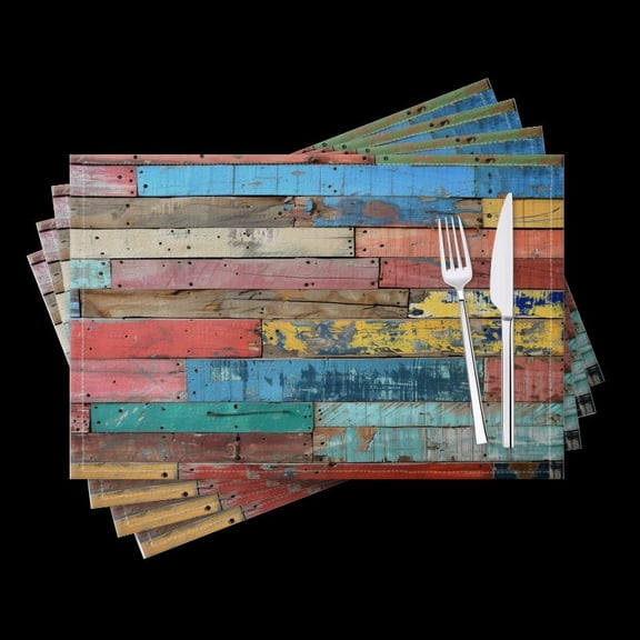 BaHomeck placemats Set of 4 Colorful Wooden Wall Made Of Old Planks Cotton Linen rectangle Placemats for Kitchen Dining Table Indoor,Outdoor,18*12inch