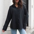 thumbnail image 2 of Camisa de manga larga con cuello en V para mujer, color puro, holgada, con puños grandes, perfecta para fiestas, trabajo o ropa informal. Talla M, color negro, 2 of 6