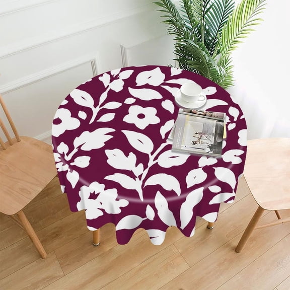 RKSupls 60 Inch Round Tablecloth, White Floral Pattern Premium Polyester Straight Edge Wrinkle Resistant Washable Table Cover for Party Home Dining Decor