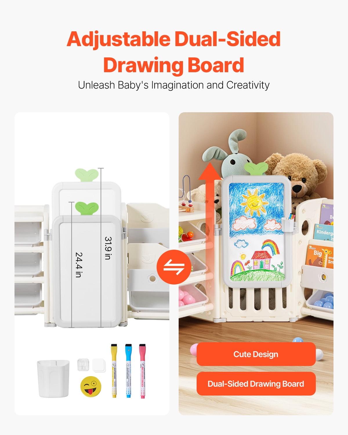 VEVOR Kids Toy Storage with Bookshelf,4-Tier Large Toy Storage Organizer with 10 Plastic Movable Bins,Kids Cubby Cabinet with Bookshelf and Drawing Board for Study Room, Playroom, Classroom, Nursery