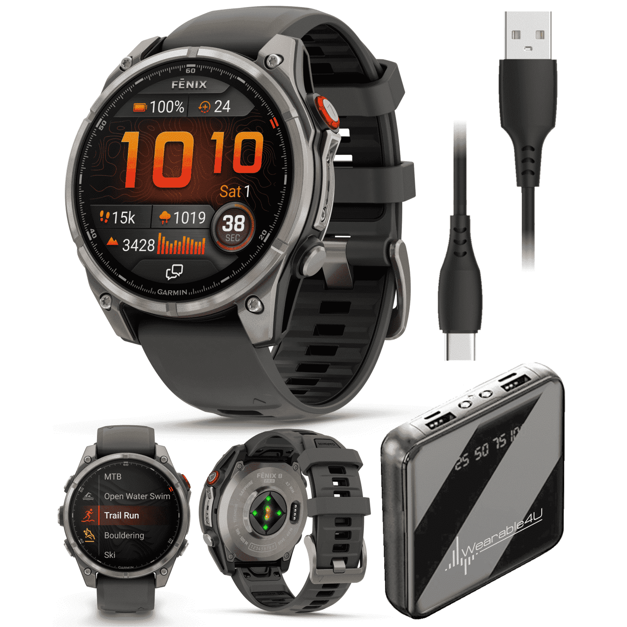 Garmin Fenix 8 Pro - 47mm AMOLED Sapphire Premium Connected Multisport GPS Smartwatch, inReach, Titanium & Graphite/Black Silicone Band w/ Wearable4U PowerBank Bundle