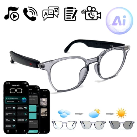 Ai Smart Glasses for Men&Women-Bluetooth Music Physical Photochromic Lenses Audio Eyewear with Music Play/Hands-Free Calling,Multifunctional Headphones Glasses for Working&Driving