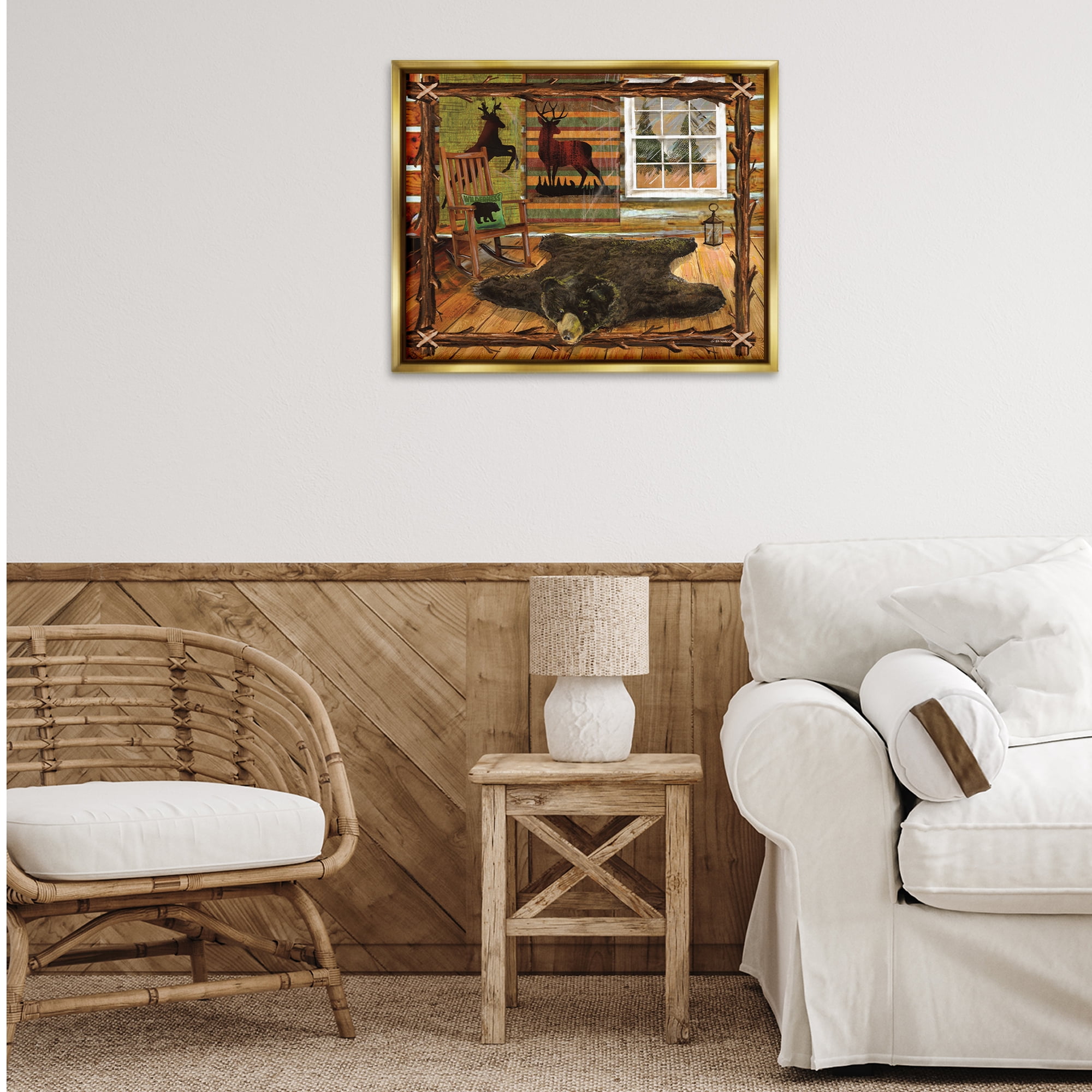 Stupell Industries Rustic Cabin with Border Animals & Insects Painting Gold Floater Framed Art Print Wall Art, 31 x 25