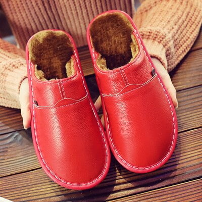 

PIKADINGNIS Men Home Slippers for Winter Warm Plush Slippers women Bedroom Genuine Leather Unisex man House Indoor Shoes Large size 11