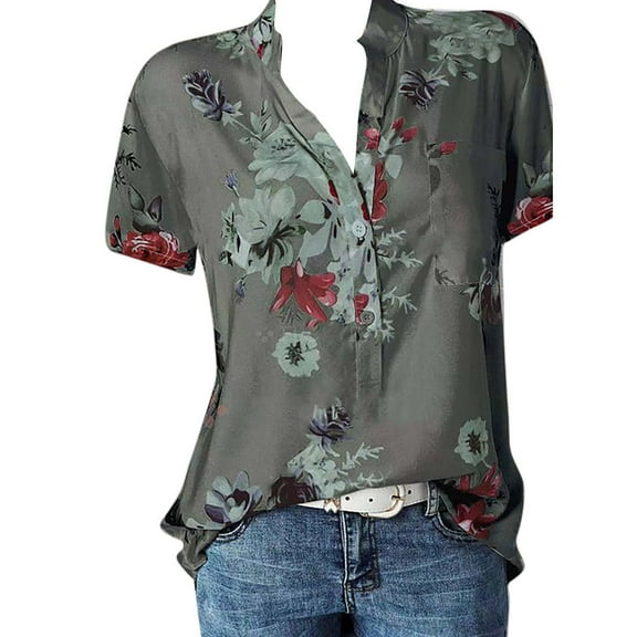 JINMGG Womens Plus Size $5 Women Printing Pocket Plus Size Short Sleeve Blouse Easy Top Shirt Gray M