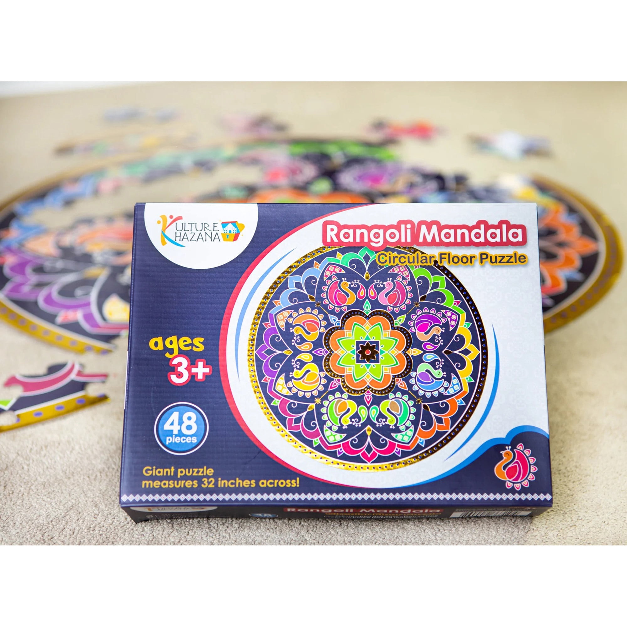 Rangoli Mandala 32" Round Floor Puzzle - 48 Pieces, Indian Art For Holi, Family & Kids