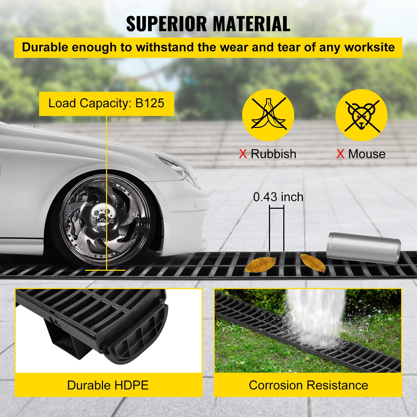 KFFKFF Trench Drain System Channel Drain with Plastic Grate 5.8x3.1" HDPE Drainage Trench, Black Plastic Garage Floor Drain 3x39" Trench Drain Grate