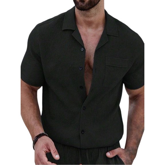 Men's Textured Short Sleeve Camp Collar Shirt Black S