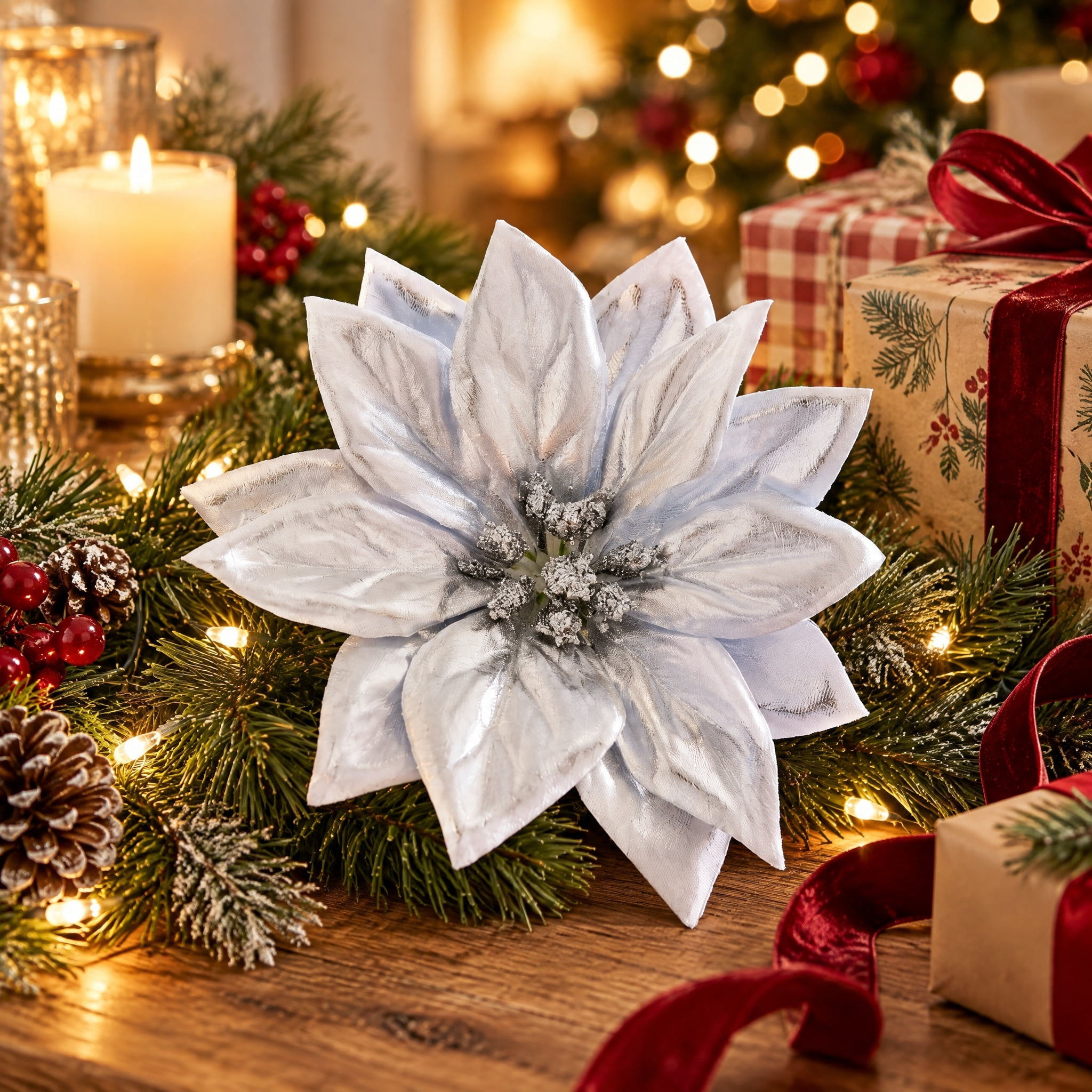 Silver Poinsettia Christmas Clip Ornament, 4", by Holiday Time