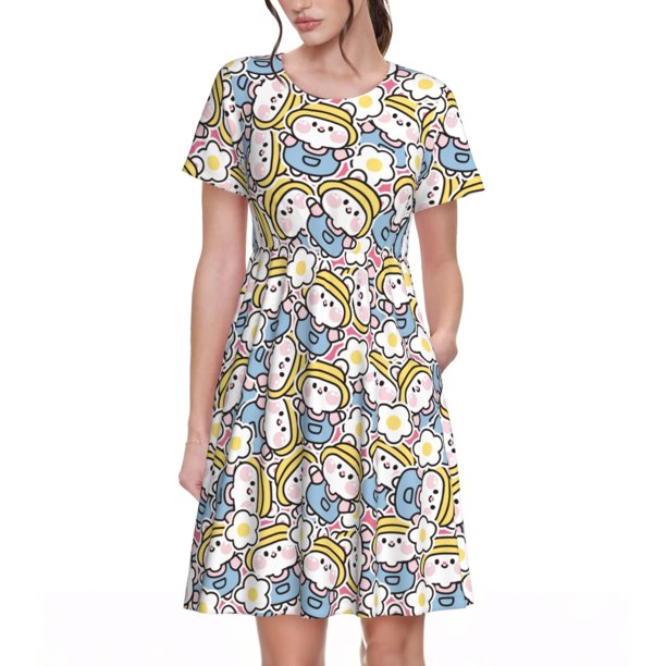 Disketp Cute Rabbit para Vestido de Manga Corta para Mujeres, Vestidos de Verano para Mujeres, Casual y Holgado para la Playa