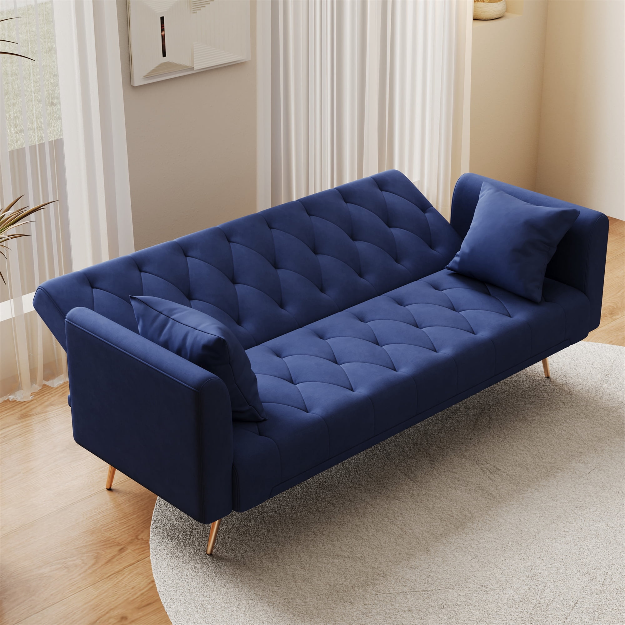 Aukfa Curved Arm Futon Convertible Sofa Bed for Home Office, 2 Pillows, Tufted Back, Velvet, Blue