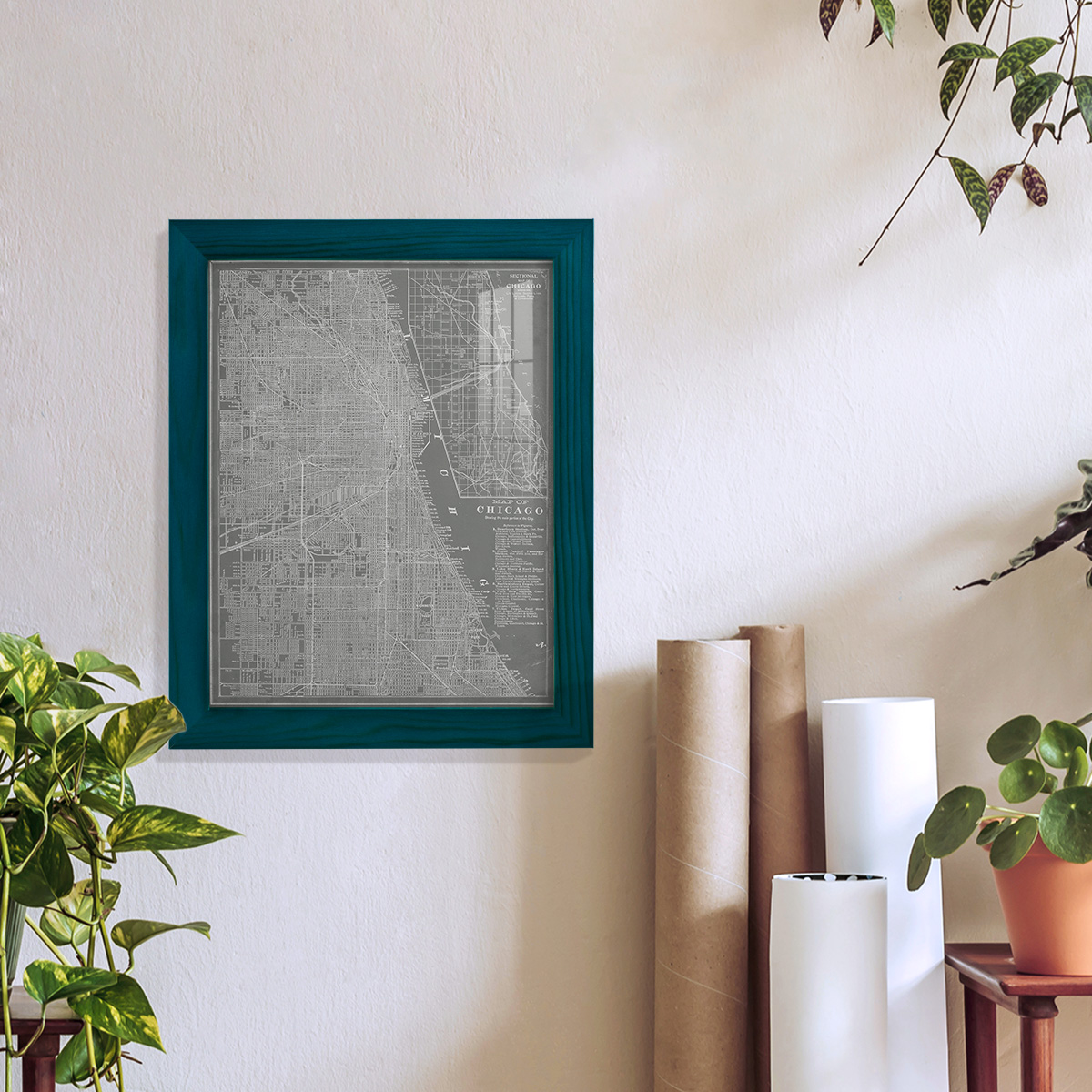 City Map of Chicago -Framed Print w/glass-Ocean Blue
