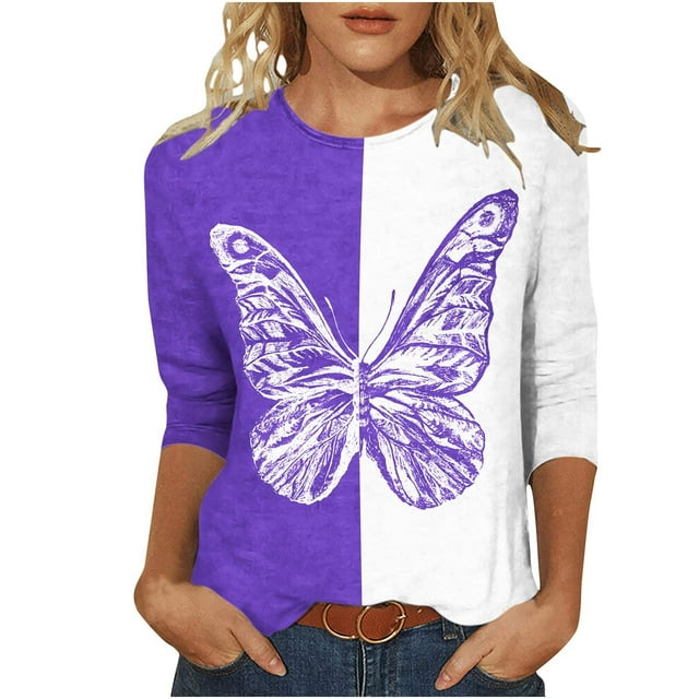 Hauts à Manches 3/4 pour Femmes Mode Féminine T-Shirt Imprimé Ample Blouse Mi-Longue à Manches 3/4 Col Rond Hauts Décontractés T-Shirts en Coton pour Femmes T-Shirts pour Femmes Mode