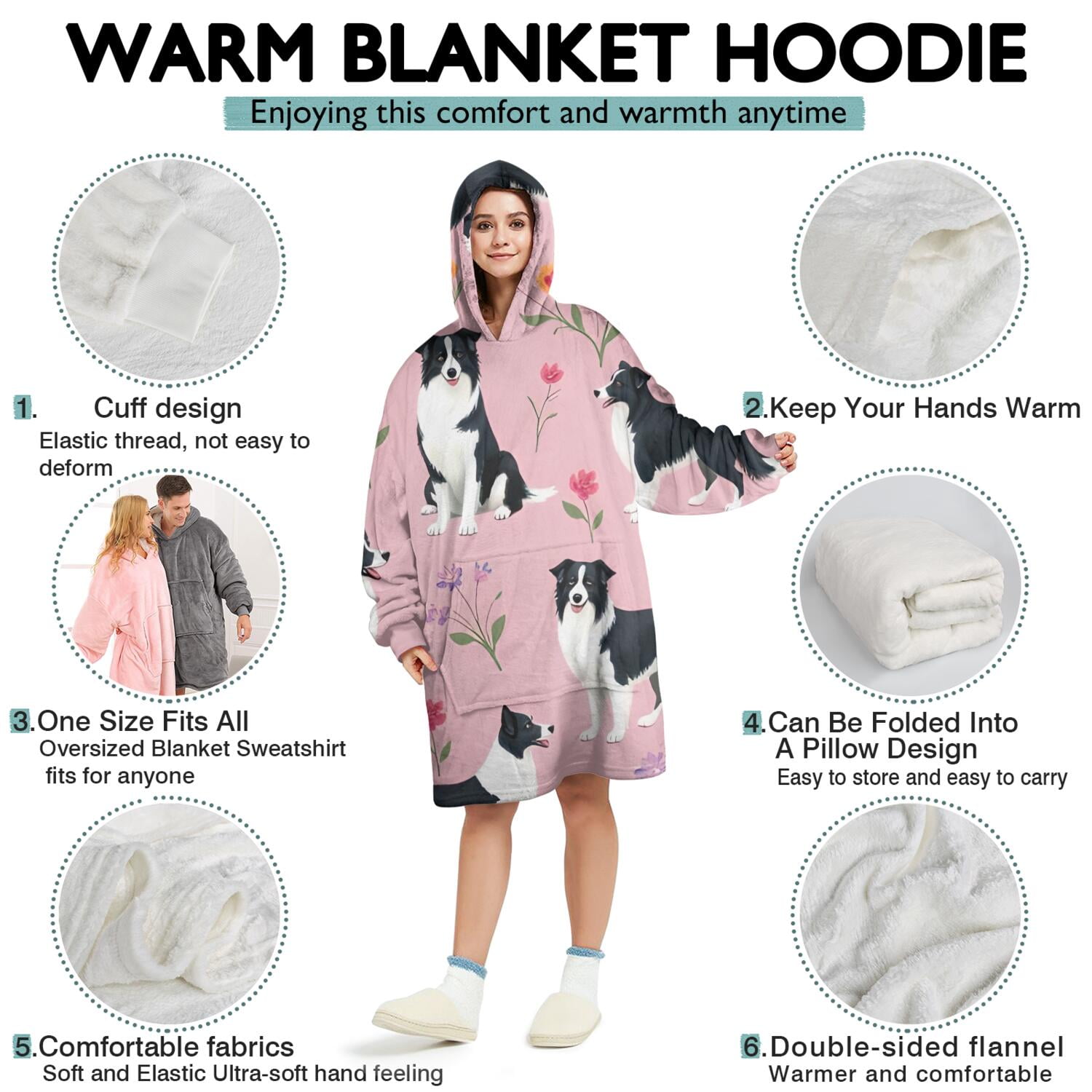 Wearable Oversized Blanket,Border Collie Dogs with Pioneer Flower