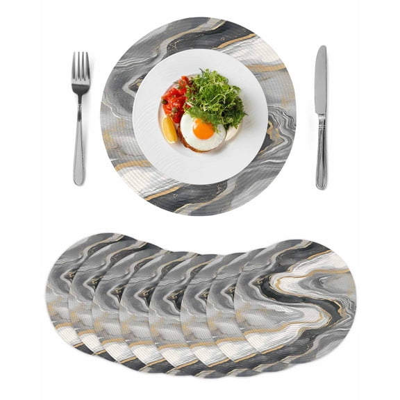 Grey Ombre Marble Round 15 Inch Placemats Set of 8, Abstract Modern Art HeatResistant Non Slip Place Mats for Dining Table, Wipeable Braided Kitchen Table Mats for Housewarming