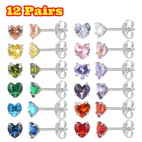 12 Pairs Silver Plated Stud Earrings For Women, Stainless Steel Heart Earrings Set with Cubic Zirconia