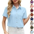 thumbnail image 1 of Blusas para mujer,Blusa informal de manga corta para mujer, cuello en V, botones y bolsillos, mezcla de algodón y lino, corte holgado para uso diario, sopatenor, 1 of 9