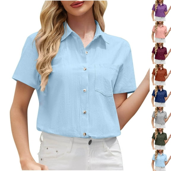 Olyvenn Womens Cotton Linen Short Sleeve Shirts Casual Button Down Collared V Neck Solid Blouses Summer Beach Work Tops 2025 Army Green L