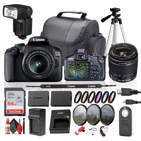 Canon EOS 2000D / Rebel T7 DSLR Camera with 18-55mm Zoom Lens, 64GB Card, Battery, Tripod, Flash, and More Bundle (International Version)