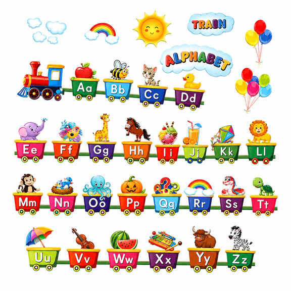 Alphabet Train Wall Decals for Kids Room, ABC Animal Stickers, Nursery Classroom Decor