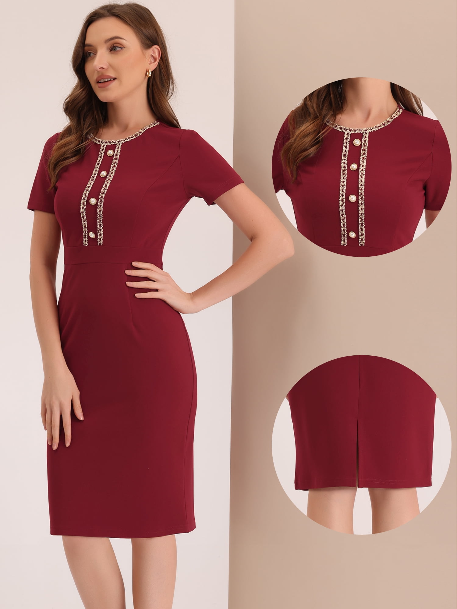 DARING DIVA Work Business Square Neck Color Block Bodycon Sheath Dresses S Red