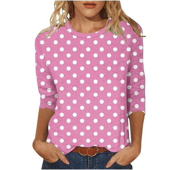 CHGBMOK Women Polka Dots T Shirt 3/4 Sleeve Tunic Crew Neck Tee Casual Dressy Blouses Loose Pullover Shirts