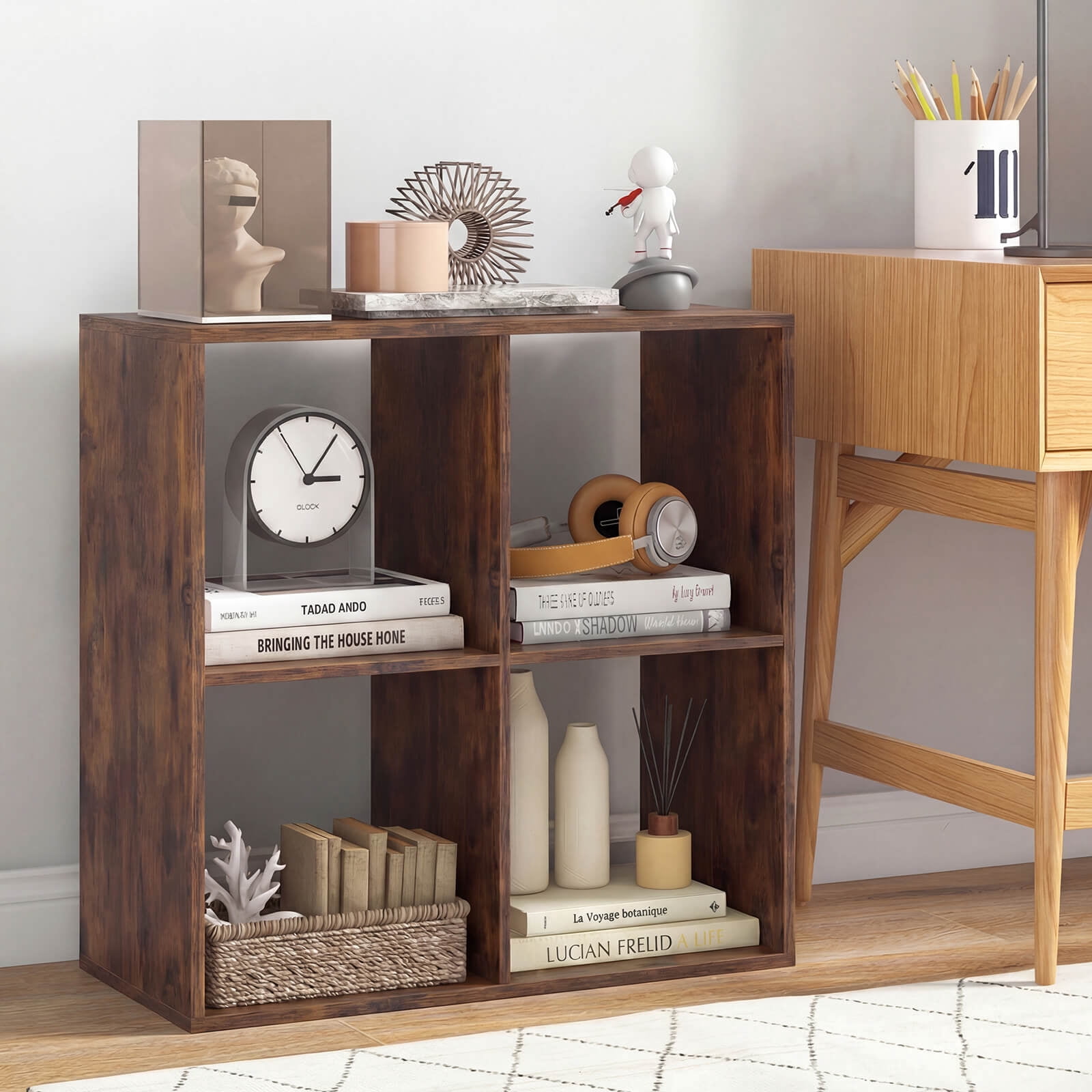 Costway 4-Cube Bookshelf, Modern Cubby Bookcase with Back Guardrail & Anti-tipping Kits Brown