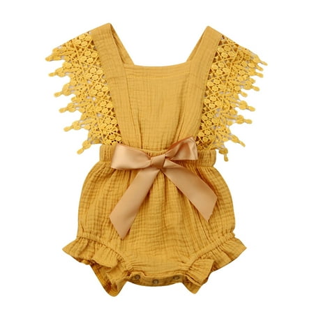 

Pudcoco Baby Girl Cotton Linen Romper Lace Sleeveless Ruffle Bowknot Jumpsuit