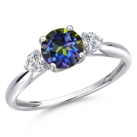 Gem Stone King 10K White Gold Blue Mystic Topaz and Lab Grown Diamond 3-Stone Ring for Women | 1.22 Cttw | Round 6MM | Gemstone November Birthstone | Size 8