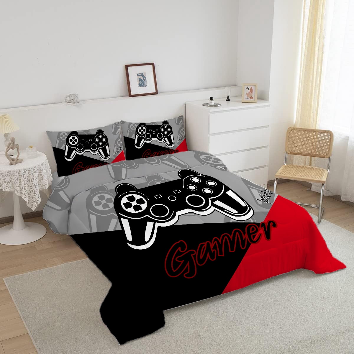 Psoiuetr Gaming Comforter for Kids Boys Teens Video Game Bedding Set Gamer Comforter Gamepad Comforter Set Queen Size Red Black Gray 3 Pieces