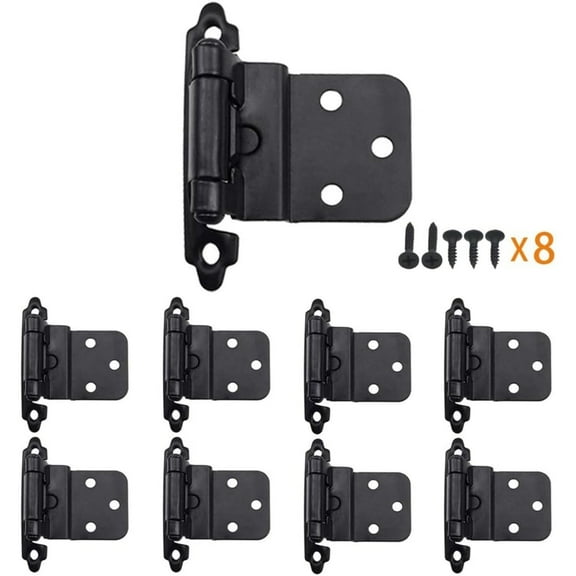 8 Pack 1/2" Matte Black Self Closing Cabinet Hinges for Flush Mount Kitchen Cabinet Door, Semi-Concealed Kitchen Cupboard Hinges