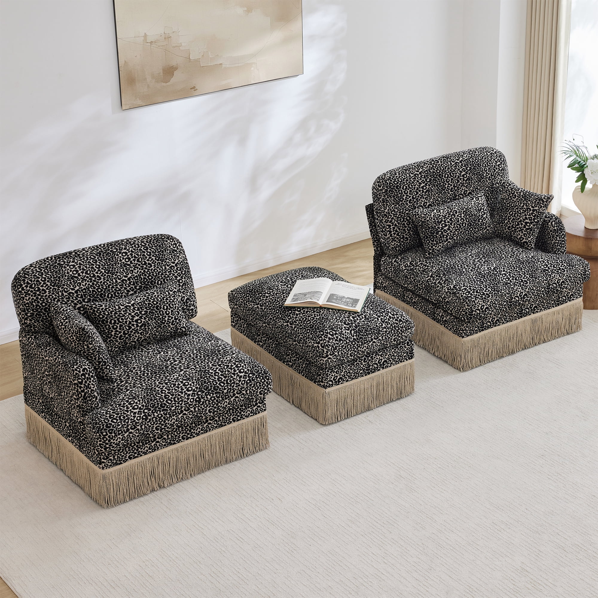HUTWIFE Home Leopard Print Chenille Modular Sectional Sofas with 1 Movable Ottoman, Khaki Black