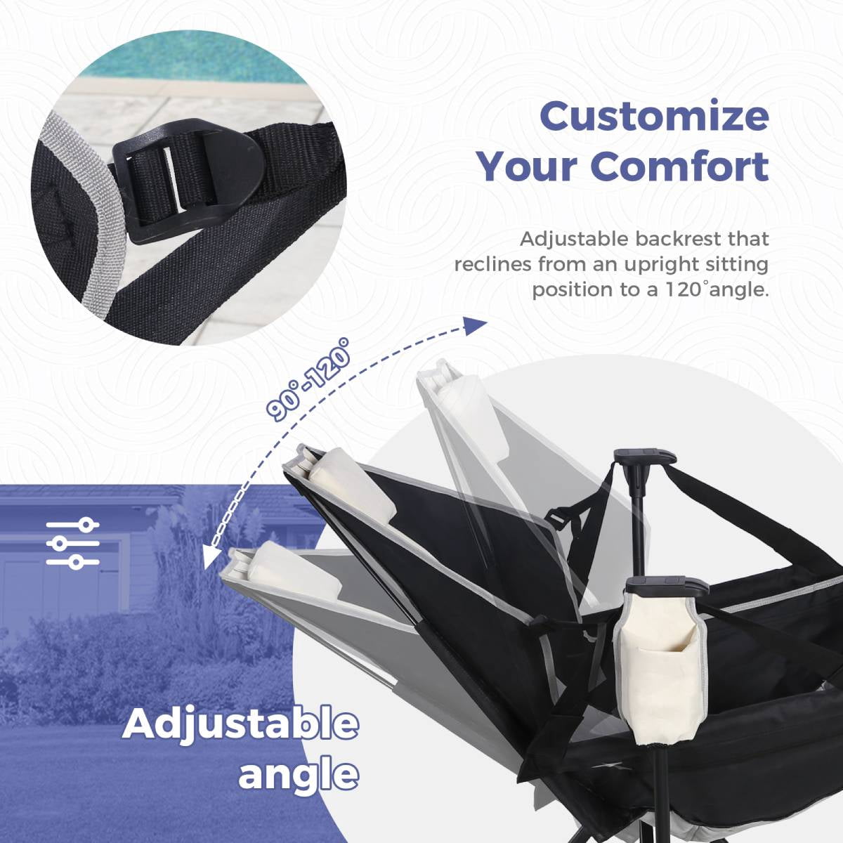 Foldable Recliner Rocking Lounger, Portable Outdoor Chair with Headrest & Drink Holder, 400lbs Heavy Duty Iron Frame for Beach Fishing Hunting Tailgating