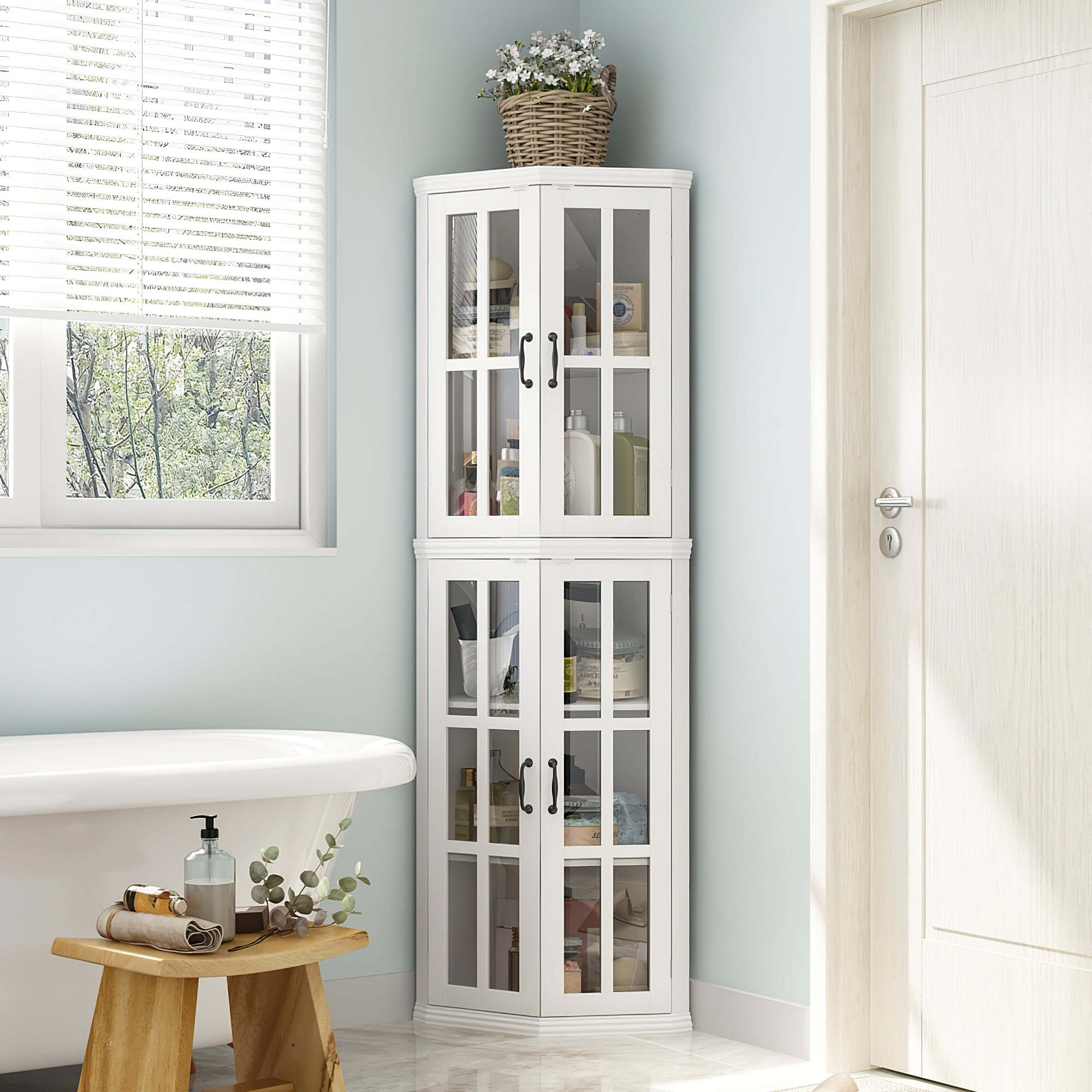 FUFU&GAGA Bathroom Corner Storage with Glass Door, 4Door