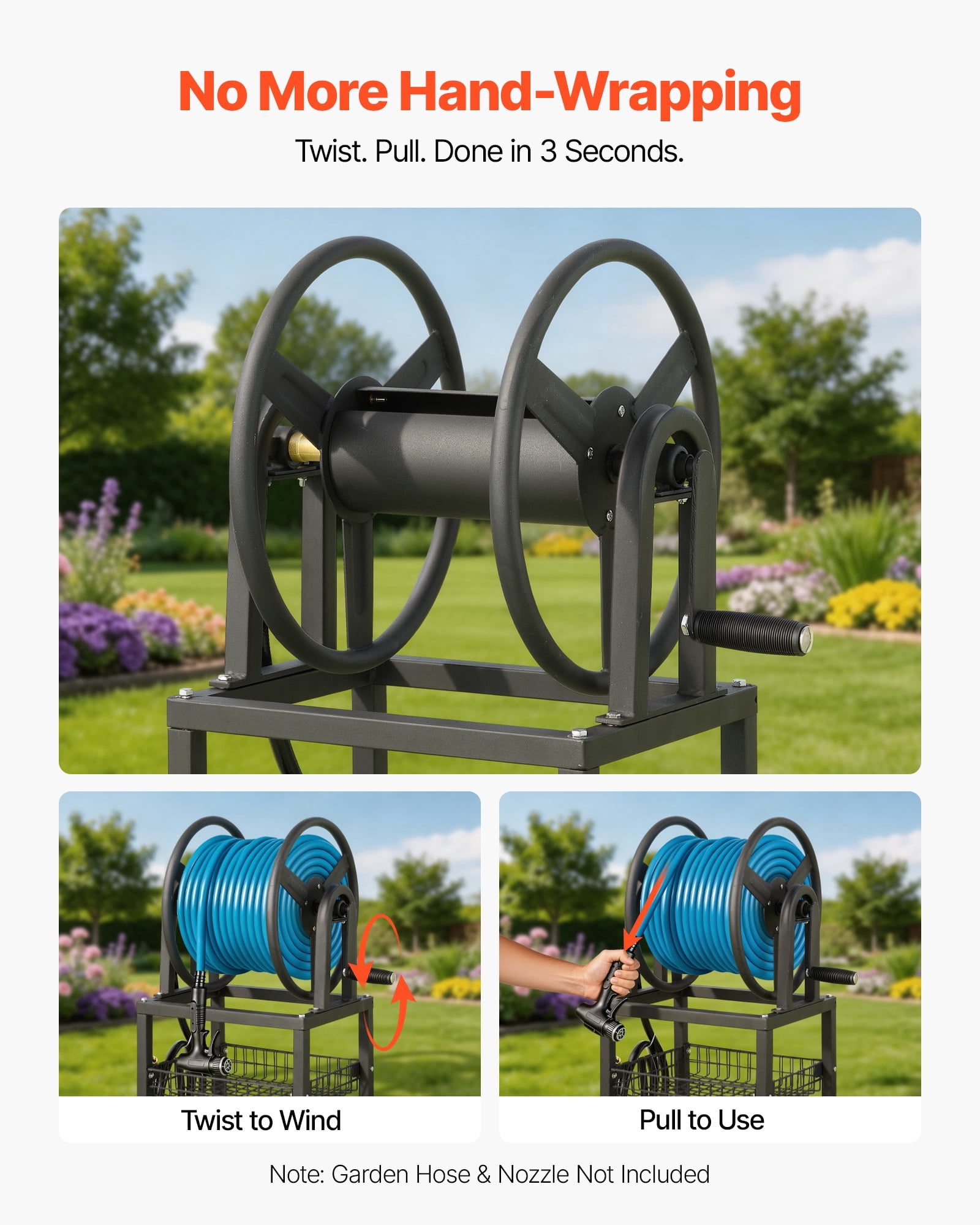 VEVOR Freestanding Garden Hose Reel, Holds 200 Feet of 5/8-inch Hose, Wall Mount or Ground Mount, Detachable Holder Stand with Storage Rack, 5 ft Leader Hose, Brass Fitting, 4 Spikes, for Backyards