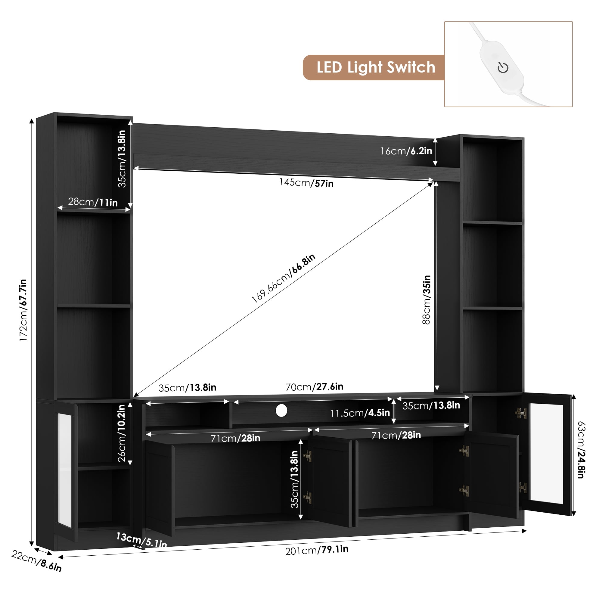 Hiphuta 79" W Wall Unit Entertainment Center with Bookcase for TVs up to 65", Farmhouse TV Stand with LED Lights for Living Room, Black