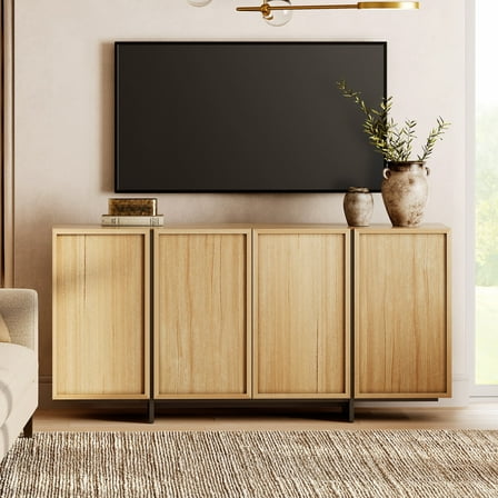 WAMPAT Modern TV Stand for TVs Up to 75", Wooden Entertainment Center TV Console with 4 Door Closed Storage and T-Shaped Wood Legs, Media Console Cabinet for Living Room, Bedroom, Oak