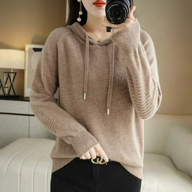 Chandail pour Femme Automne Hiver à Manches Longues à Capuche Chandail Tricoté Mode Coréen Chandail de Base Chandails Unis Femme Chandails Chauds