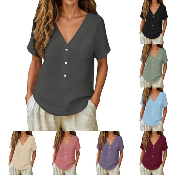 CAIVO Women Shirts Casual Solid Color Pockets Loose Fit Summer Tops Tee Short Sleeve V-Neck Cozy Shirts
