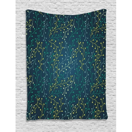 Flowering Hearth - Leaves Tapestry, Heart Shaped Little Buds Flowering Branches Curly Spring Nature Inspired, Wall Hanging for Bedroom Living Room Dorm Decor, 40W X 60L Inches, Dark Blue Green Yellow, by Ambesonne