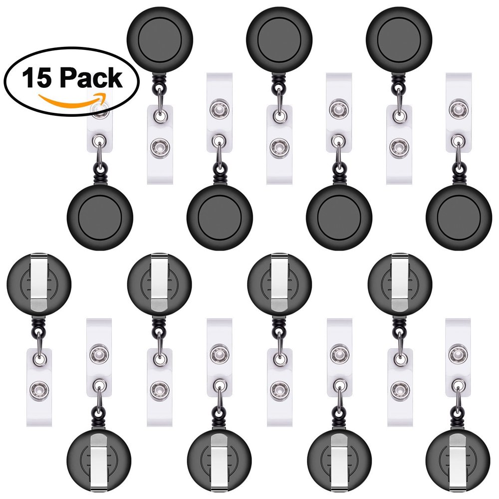 Retractable ID Name Badge Holder, Reel Clip Retractable 15 Pack, Black