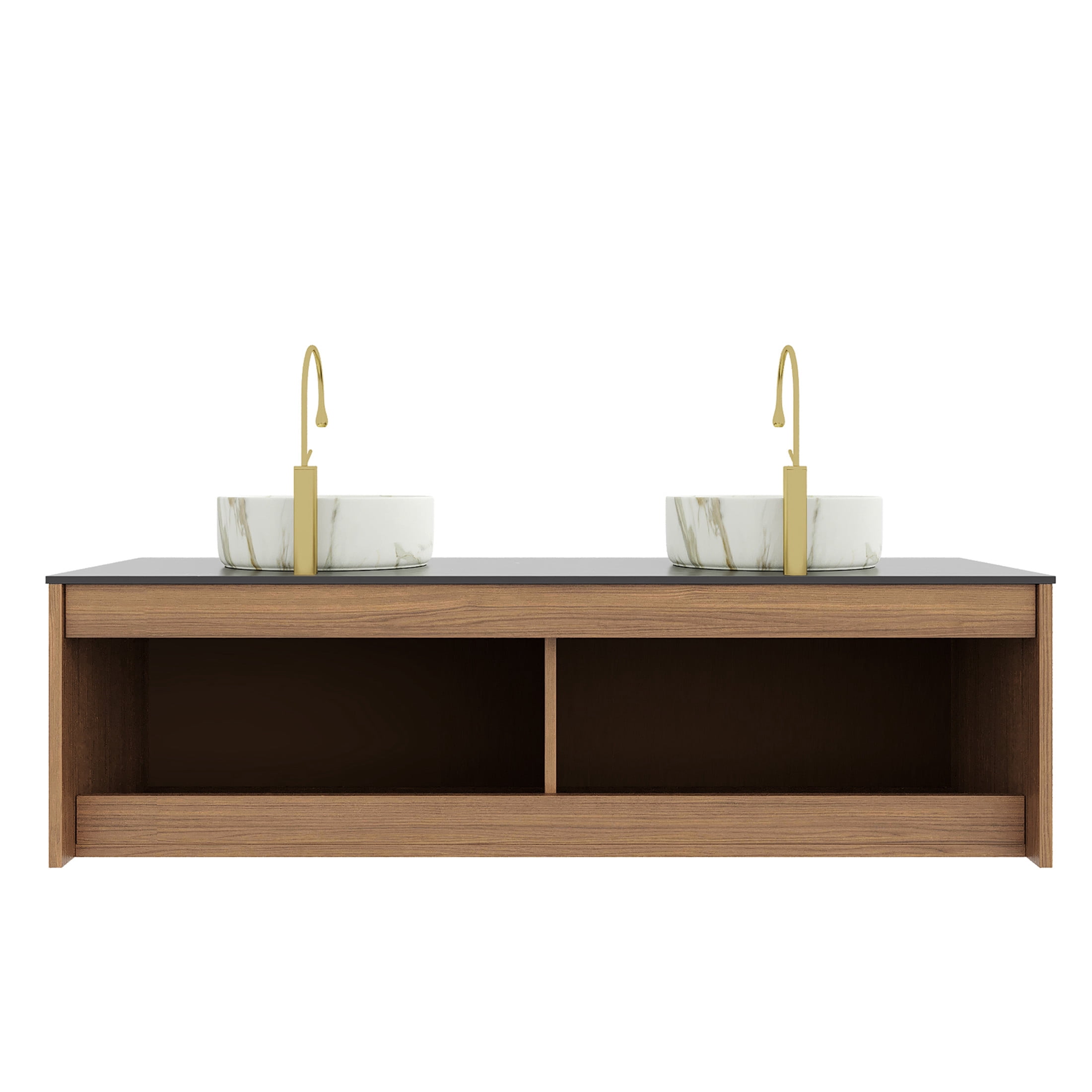 Noble House ARAI 60" Floating Double Bathroom Vanity, Sintered Stone Top Cabinet with Dual Stone Round Sink, Oak