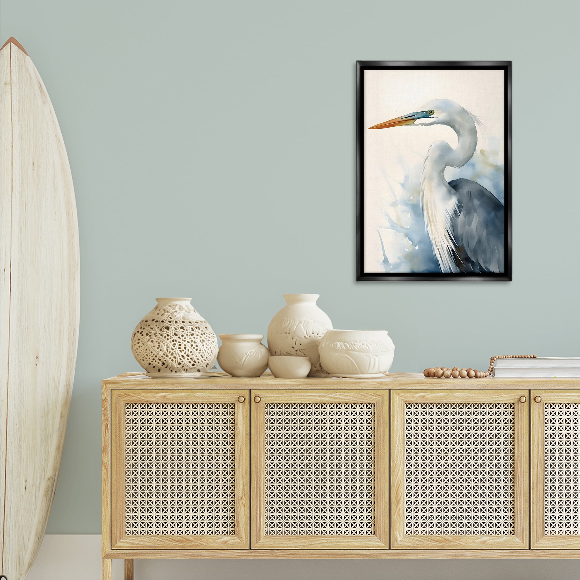 Stupell Industries Quiet Heron View Animals & Insects Painting Black Floater Framed Canvas Art Print Wall Art, 21 x 31