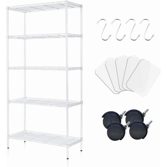 Estante de 5 Niveles con Ruedas,Estante de Malla Metálica Ajustable,Organizador de Almacenamiento de Servicio Pesado,con 4 Ganchos,Adecuado para Cocina,Sala de Estar,baño (Plata)