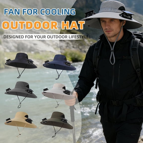 Wide Brim Solar Fan Hat, Fishing Hat with 2 Solar Fan, 3 Speed Solar Powered Fisherman Hat, USB Solar Charging Sun Hats, Fan Built in, Father's Day Gift for Men, Summer Essentials for Women,Dark Gray