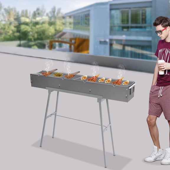Modern Rectangle Portable BBQ Grill 88lbs-Load Grey Barbecue Grill w/ Grill Meshes & Support Bar