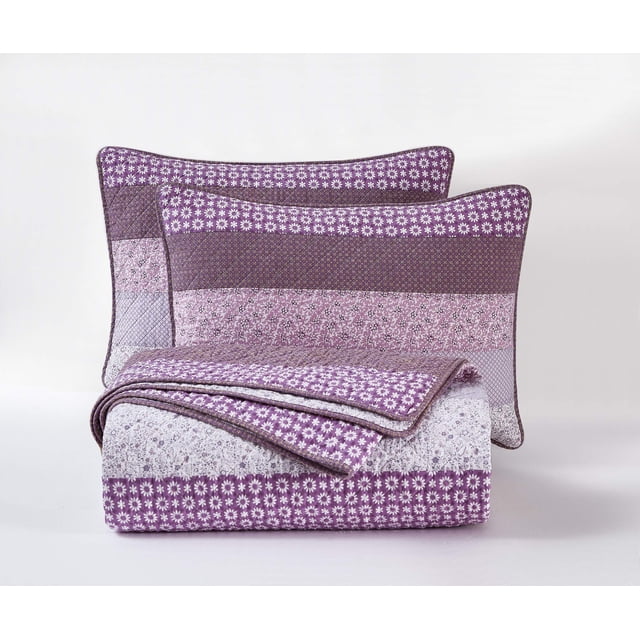Chezmoi Collection Poppy 3-Piece Patchwork Striped Pre-Washed Cotton Quilt Set in King size, featuring a purple floral design with various flower patterns. The lightweight, reversible quilt includes a matching set of two shams, each with a coordinating floral print. Made from 100% stone-washed cotton for a soft, breathable feel, this quilt set is ideal for year-round use. Quilt dimensions are 108 inches by 96 inches, and shams measure 20 inches by 36 inches. Displayed on a neutral background.