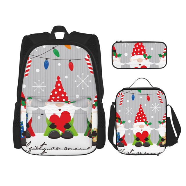 Disketp Merry Christmas Gnome1 Mochila Estampada de Gran Capacidad con Lonchera y Estuche, Set de 3 Piezas para Estudiantes