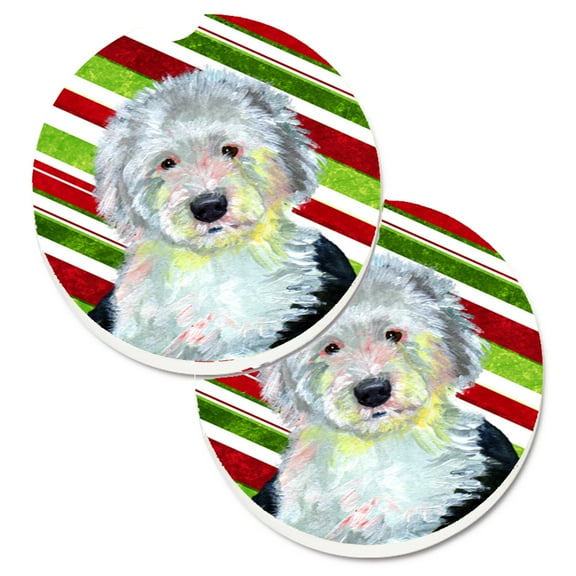 Old English Sheepdog Candy Cane Holiday Christmas Set of 2 Cup Holder Car Coasters