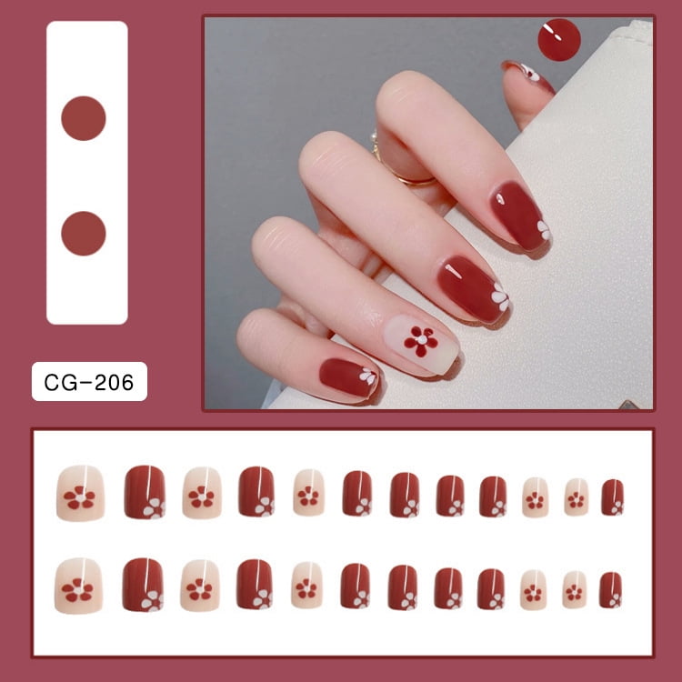 Short Press On Nails Red Flower Acrylic Nails Square Full Cover Stick On Nails Cute False Nails With Glue For Women And Girls 24pcs Walmart Com